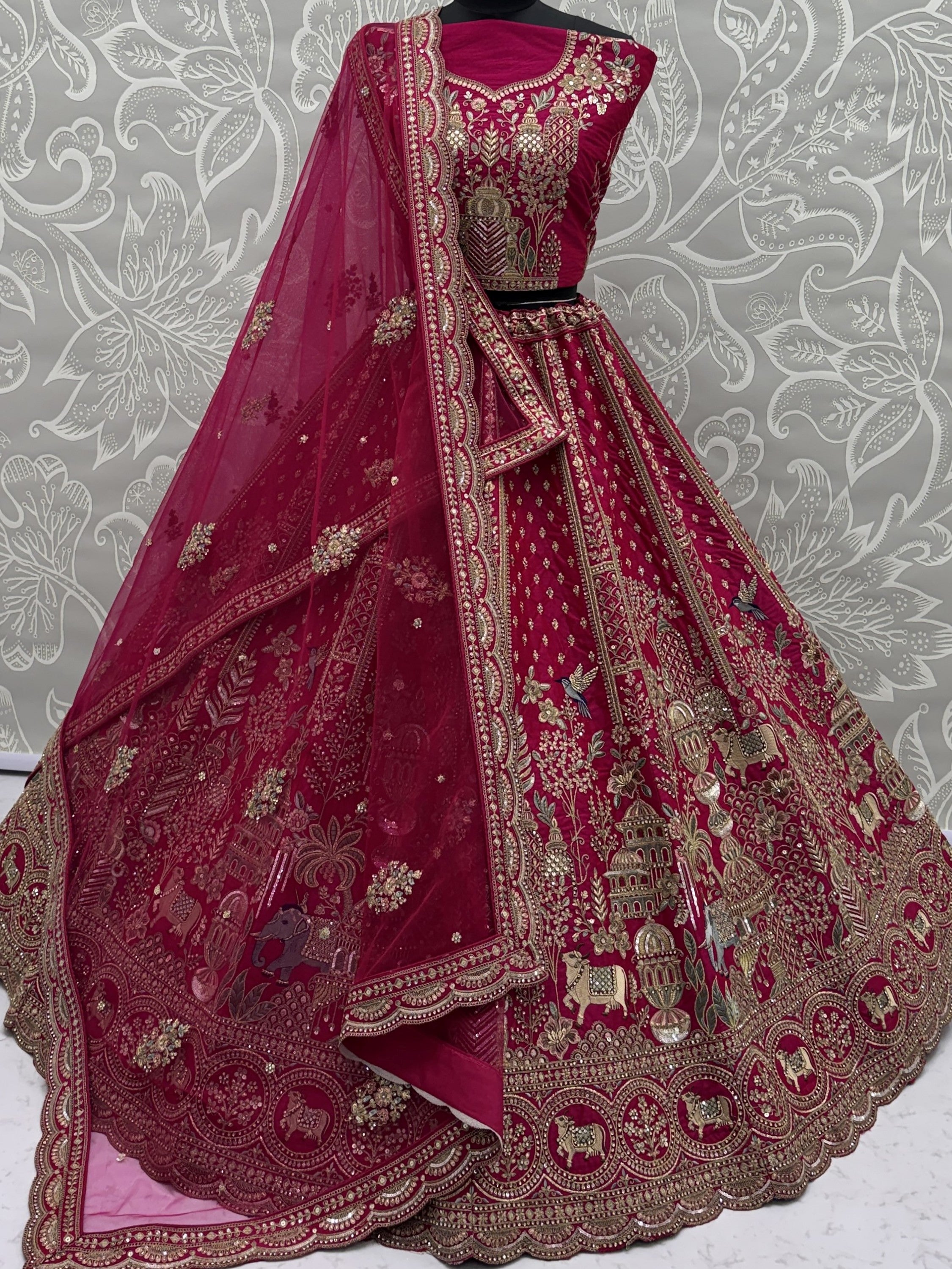 Elegant Pink Embroidered Silk Bridal Lehenga Choli With Double Dupatta