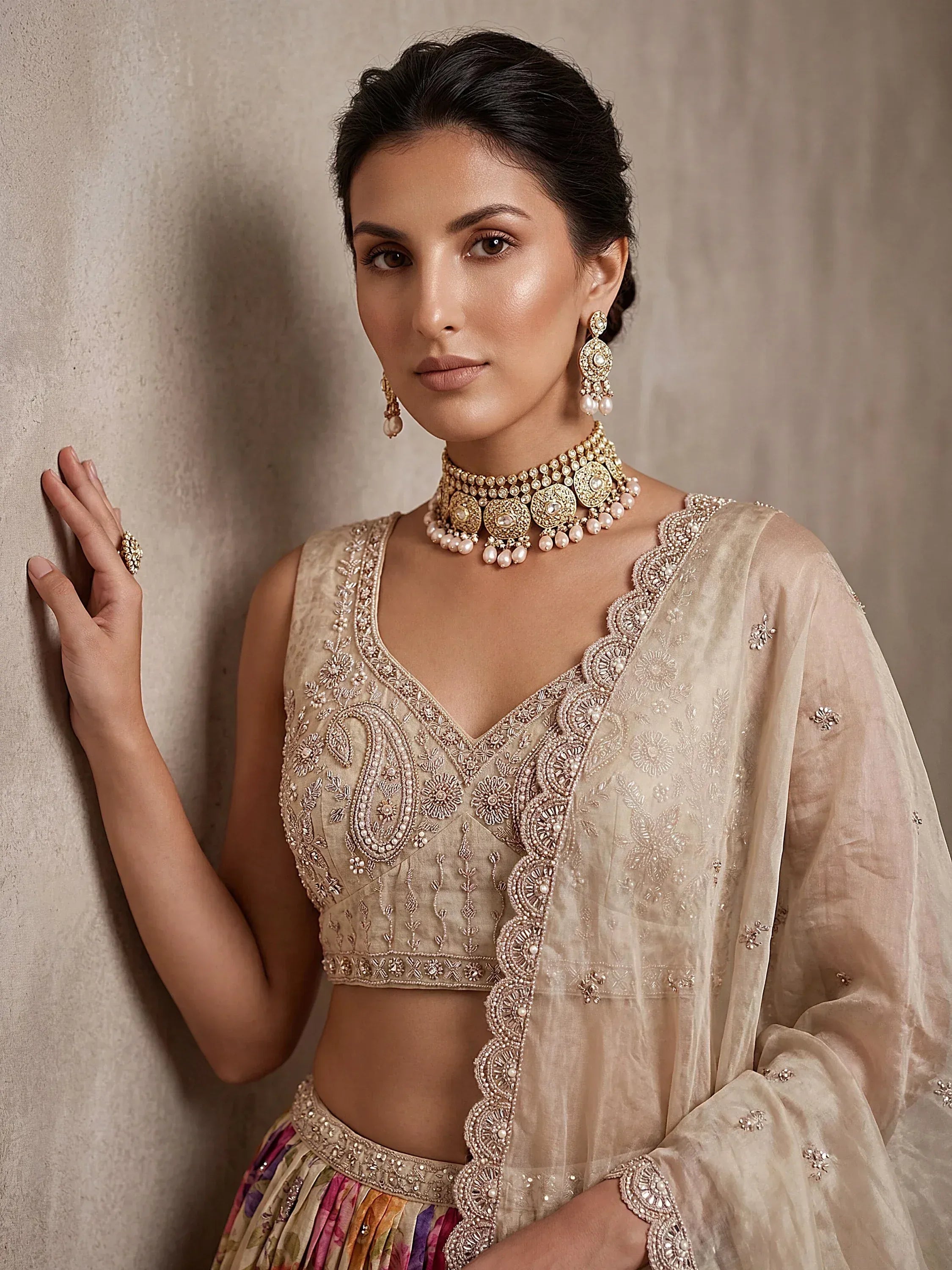 Stunning Cream Floral Printed Wedding Wear Lehenga Choli With Dupatta