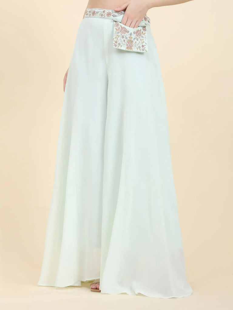 Dazzling Sky-Blue Mirror Work Georgette Party Wear Crop Top Palazzo