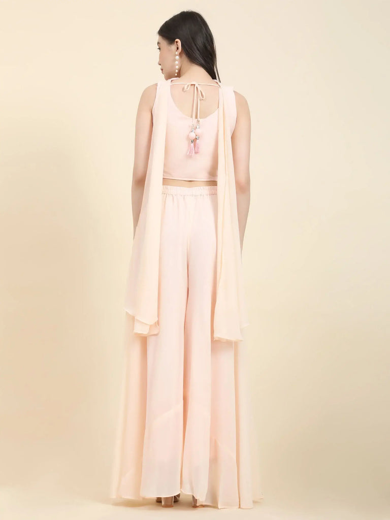 Pretty Peach Mirror Work Georgette Crop Top Palazzo Set With Dupatta