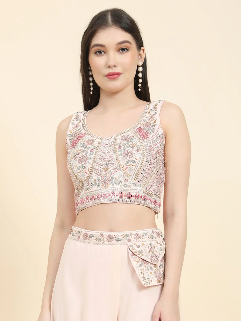 Pretty Peach Mirror Work Georgette Crop Top Palazzo Set With Dupatta