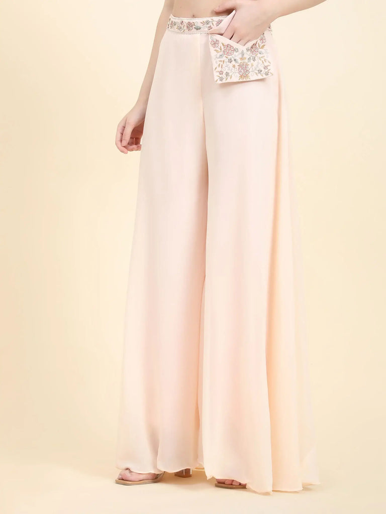 Pretty Peach Mirror Work Georgette Crop Top Palazzo Set With Dupatta