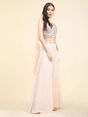 Pretty Peach Mirror Work Georgette Crop Top Palazzo Set With Dupatta