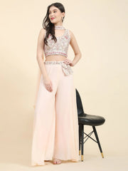 Pretty Peach Mirror Work Georgette Crop Top Palazzo Set With Dupatta