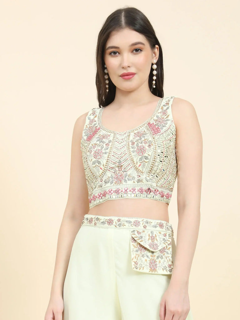 Lovely Light Yellow Mirror Work Georgette Crop Top With Palazzo