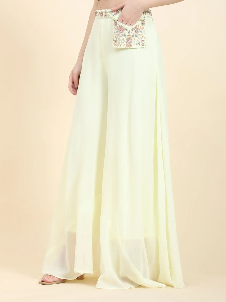 Lovely Light Yellow Mirror Work Georgette Crop Top With Palazzo