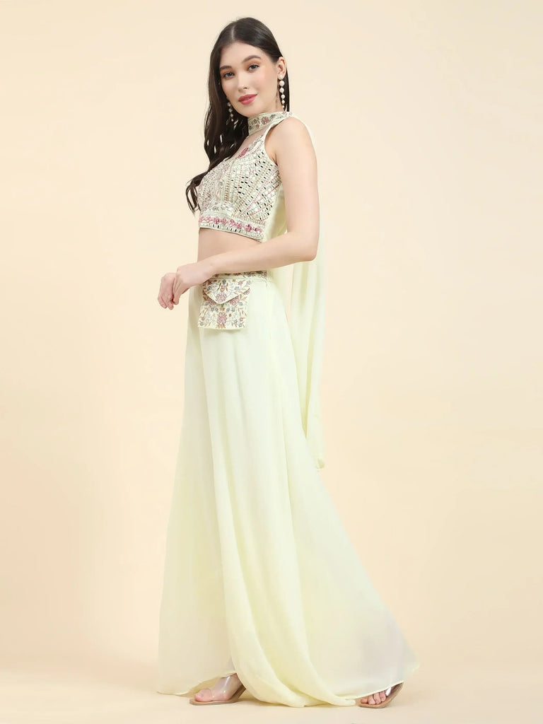 Lovely Light Yellow Mirror Work Georgette Crop Top With Palazzo