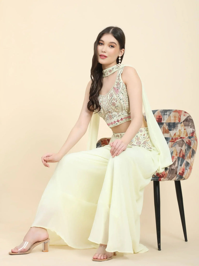 Lovely Light Yellow Mirror Work Georgette Crop Top With Palazzo