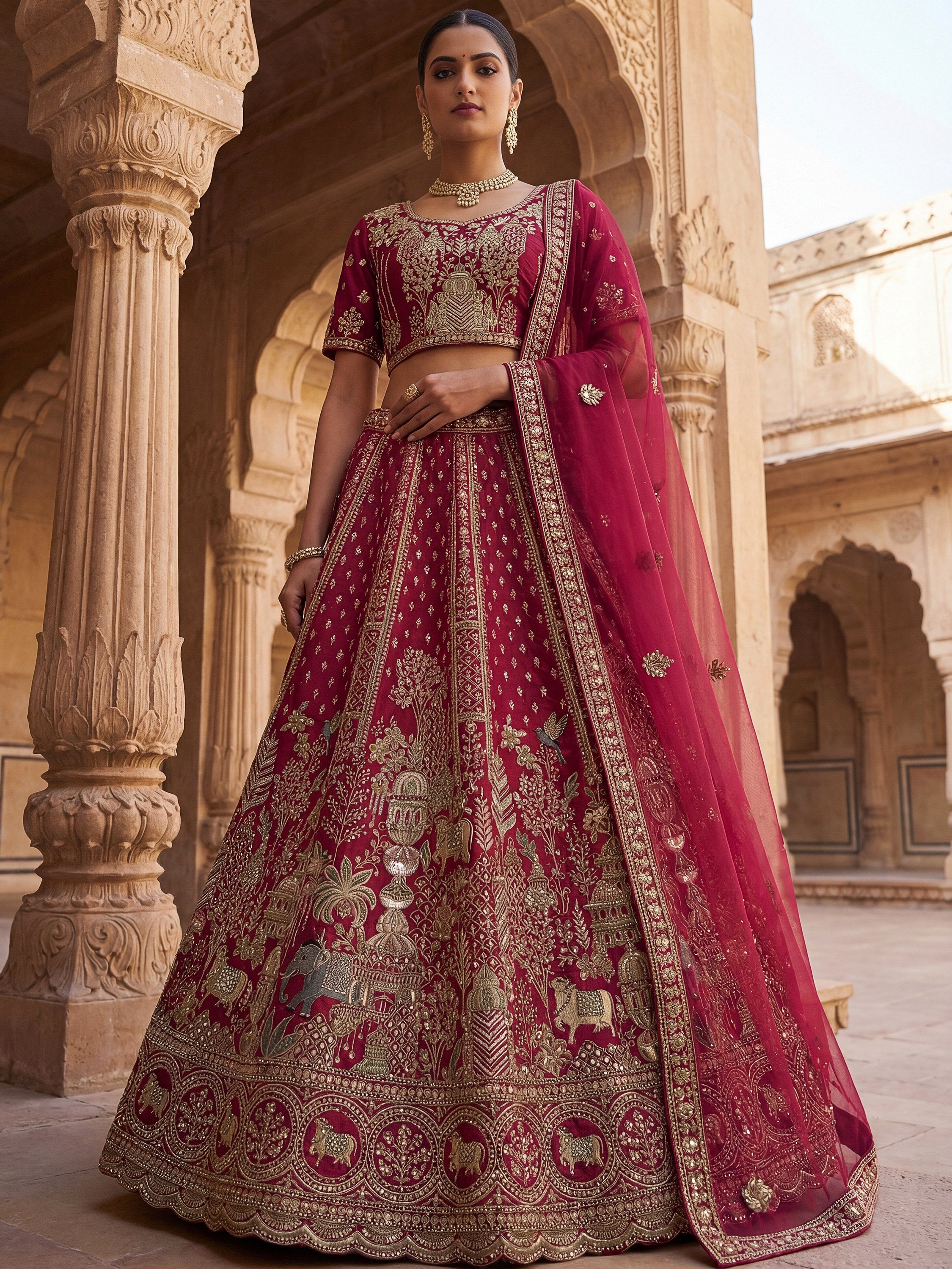 Elegant Pink Embroidered Silk Bridal Lehenga Choli With Double Dupatta