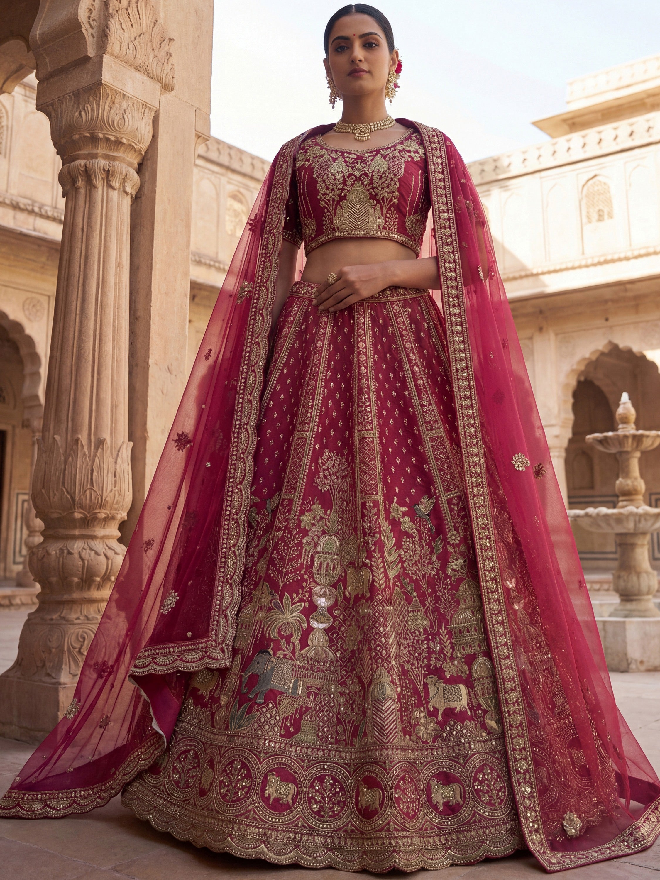 Elegant Pink Embroidered Silk Bridal Lehenga Choli With Double Dupatta
