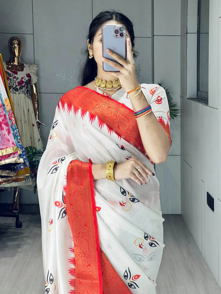 Timeless White Printed Silk Durga Pooja Saree With Red Blouse