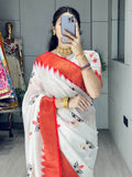 Timeless White Printed Silk Durga Pooja Saree With Red Blouse