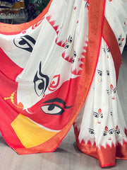 Timeless White Printed Silk Durga Pooja Saree With Red Blouse