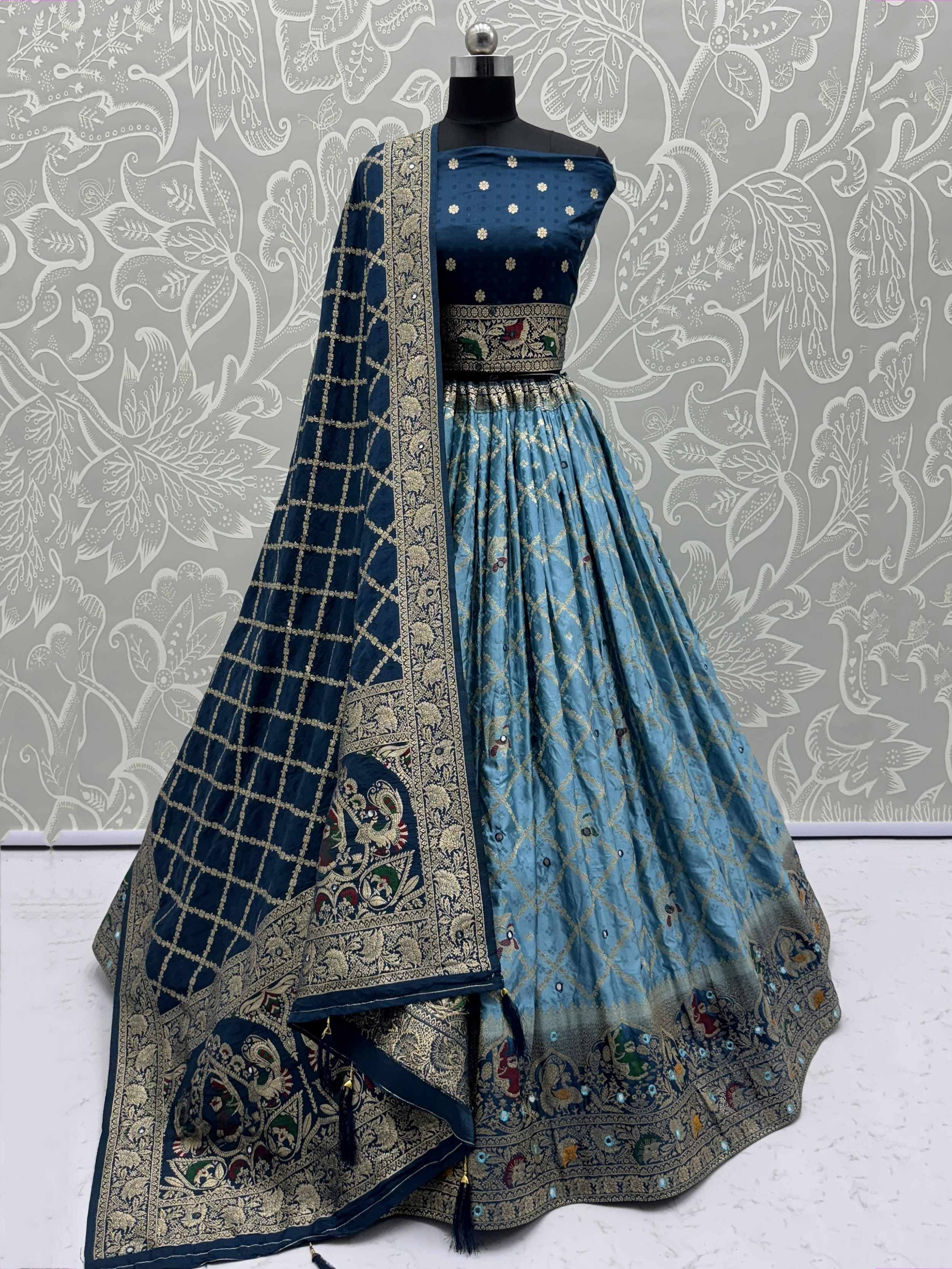 Blue designer lehenga choli with gold embroidery and matching dupatta, ethnic Indian wear