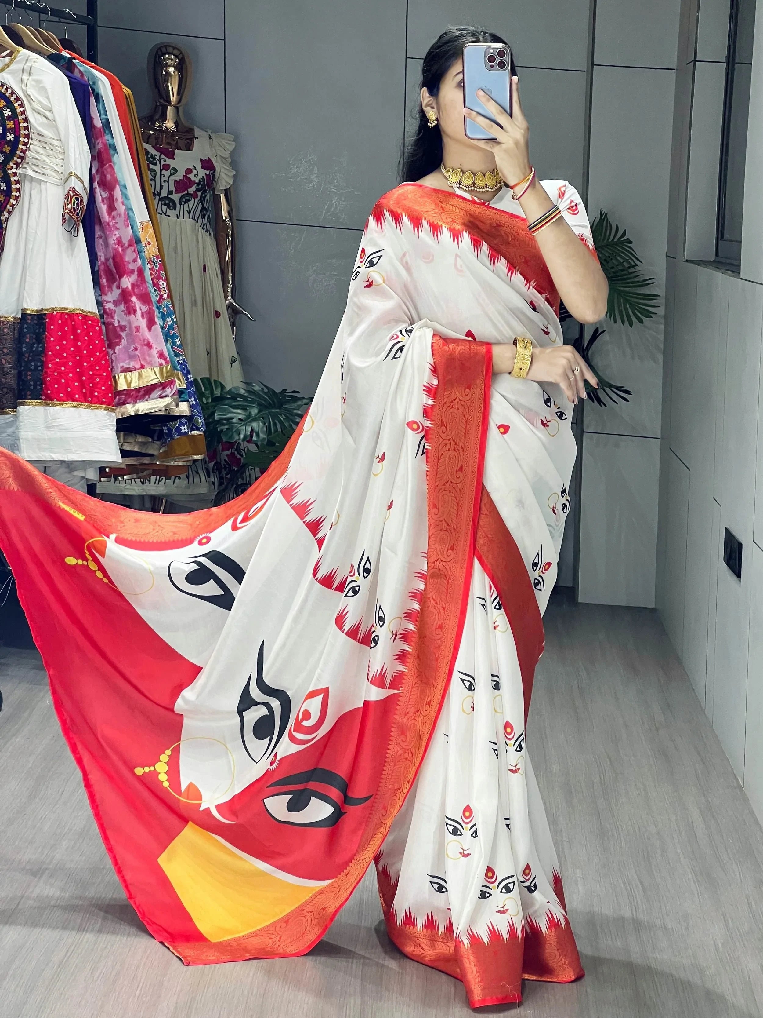 Timeless White Printed Silk Durga Pooja Saree With Red Blouse