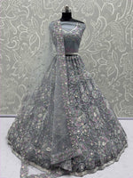 Classy Grey Floral Embroidered Net Lehenga Choli With Dupatta