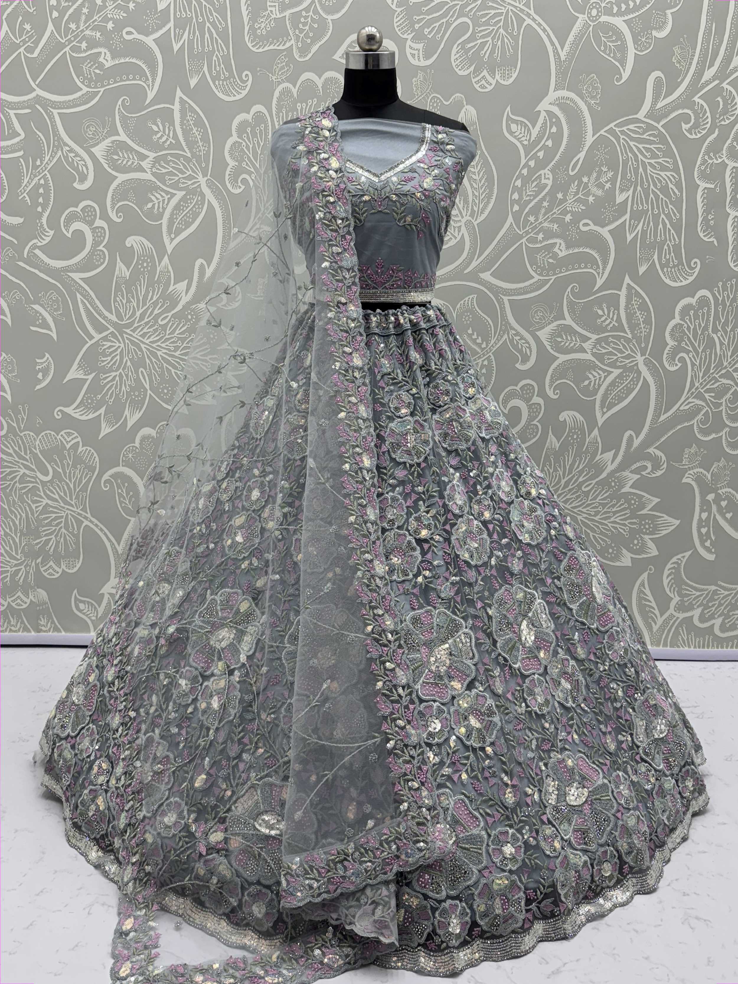 Classy Grey Floral Embroidered Net Lehenga Choli With Dupatta