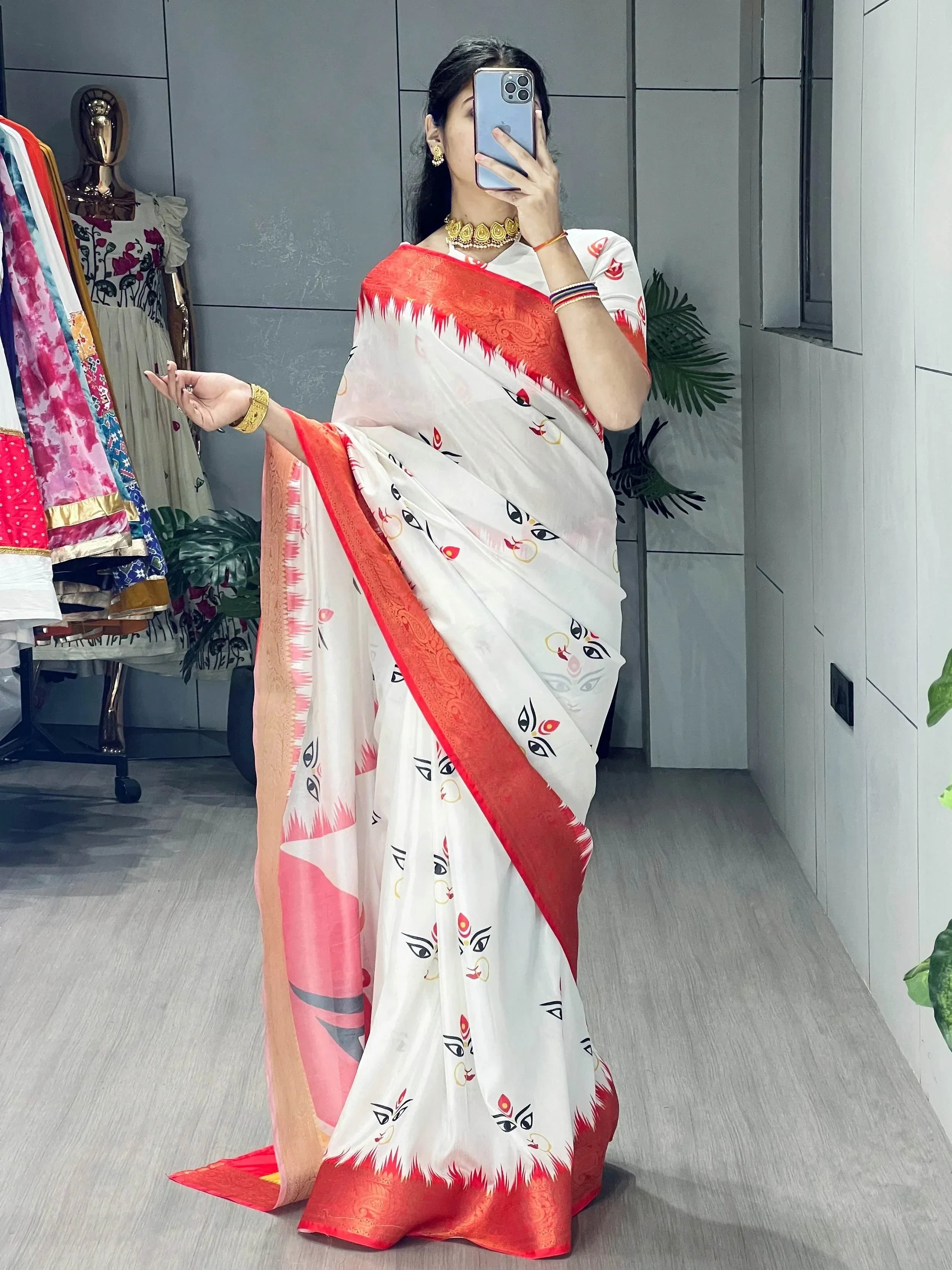 Timeless White Printed Silk Durga Pooja Saree With Red Blouse