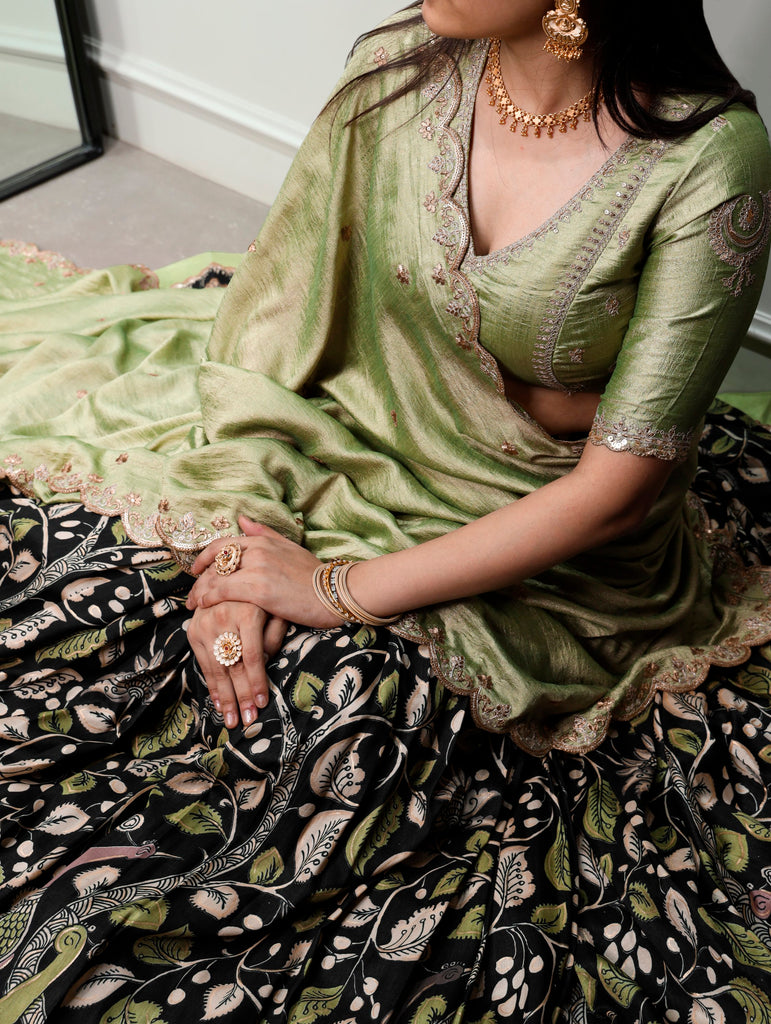 Alluring Black Kalamkari Printed Silk Festive Wear Half Saree Lehenga