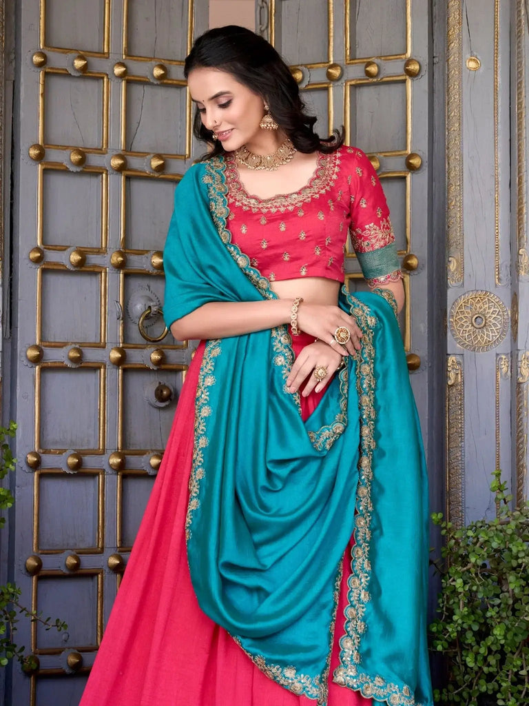 Capricious Blush Pink Zari Weaving Border Vichitra Silk Half Saree Lehenga - Ethnic Plus In