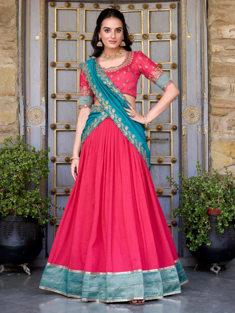Capricious Blush Pink Zari Weaving Border Vichitra Silk Half Saree Lehenga - Ethnic Plus In