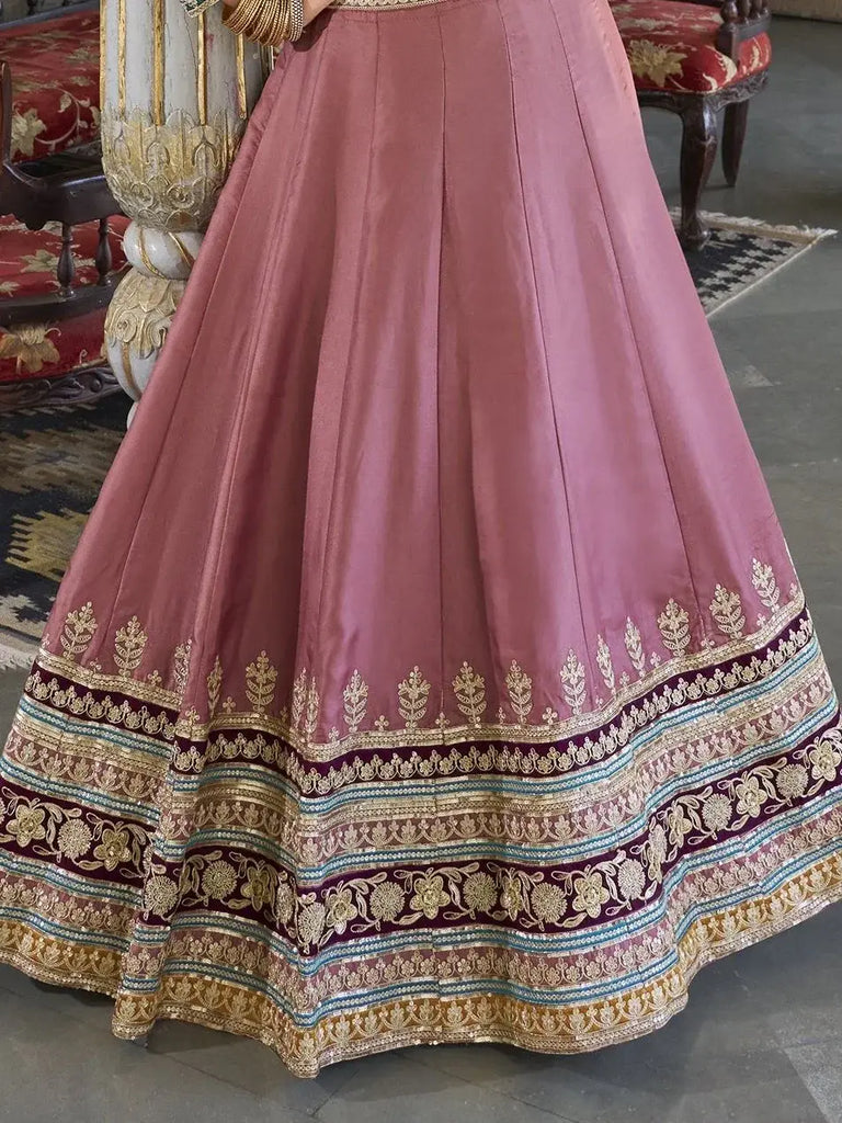 Capricious Dusty Pink Thread Work Silk Reception Wear Lehenga Choli - Ethnic Plus In
