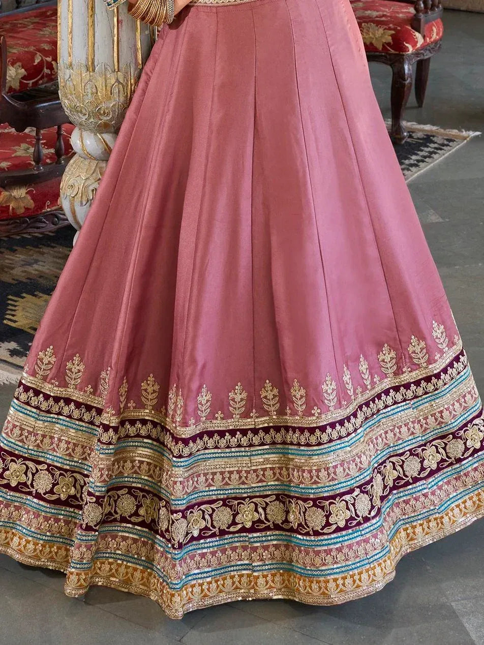 Pink lehenga skirt with gold and maroon embroidery, Indian ethnic wear