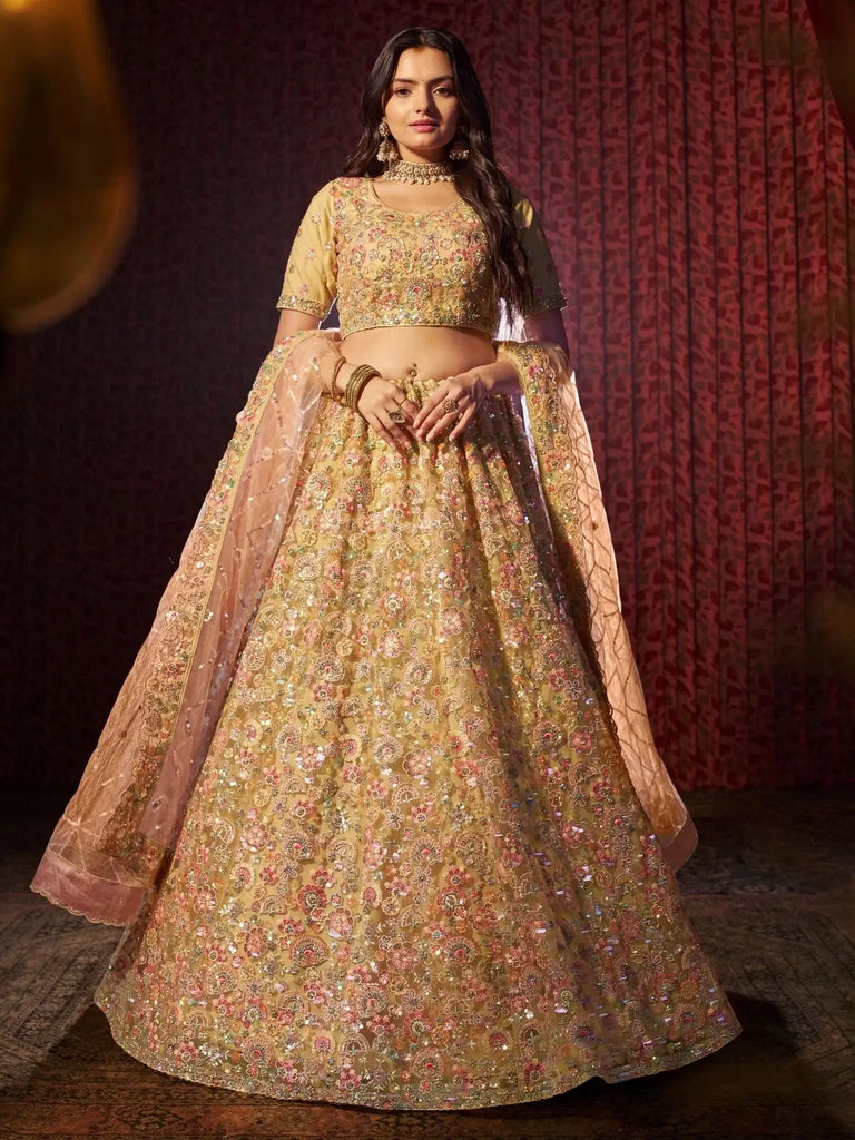 Captivating Beige Sequins Net Engagement Wear Lehenga Choli - Ethnic Plus In