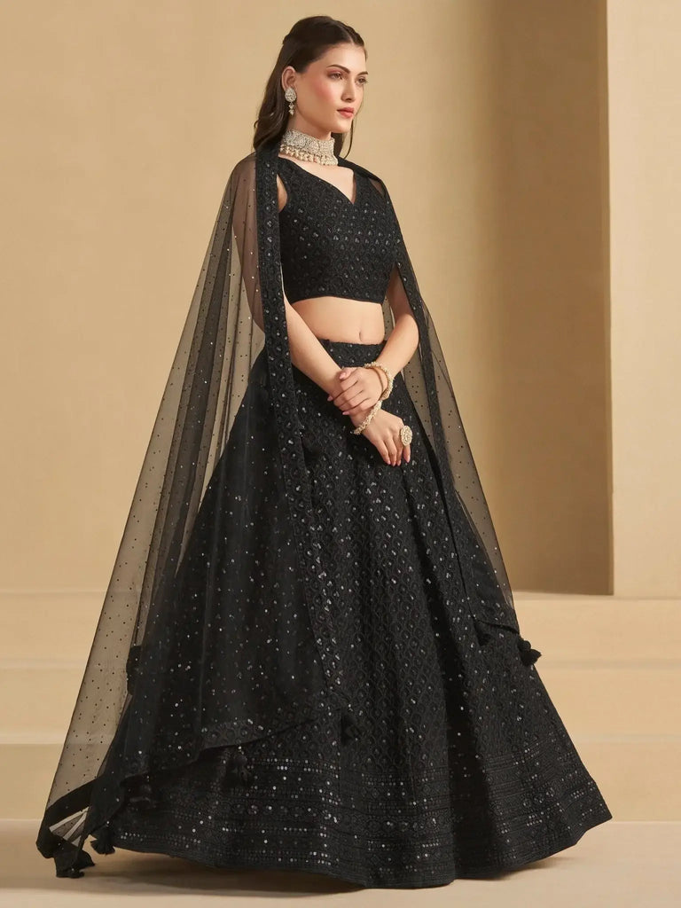 Captivating Black Thread Work Georgette Party Wear Lehenga Choli - Ethnic Plus In