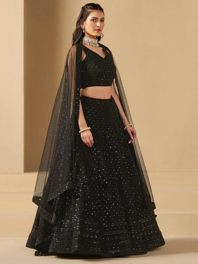 Captivating Black Thread Work Georgette Party Wear Lehenga Choli - Ethnic Plus In