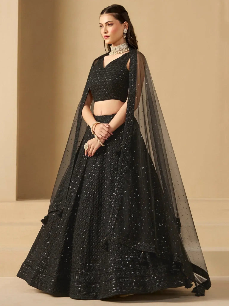 Captivating Black Thread Work Georgette Party Wear Lehenga Choli - Ethnic Plus In