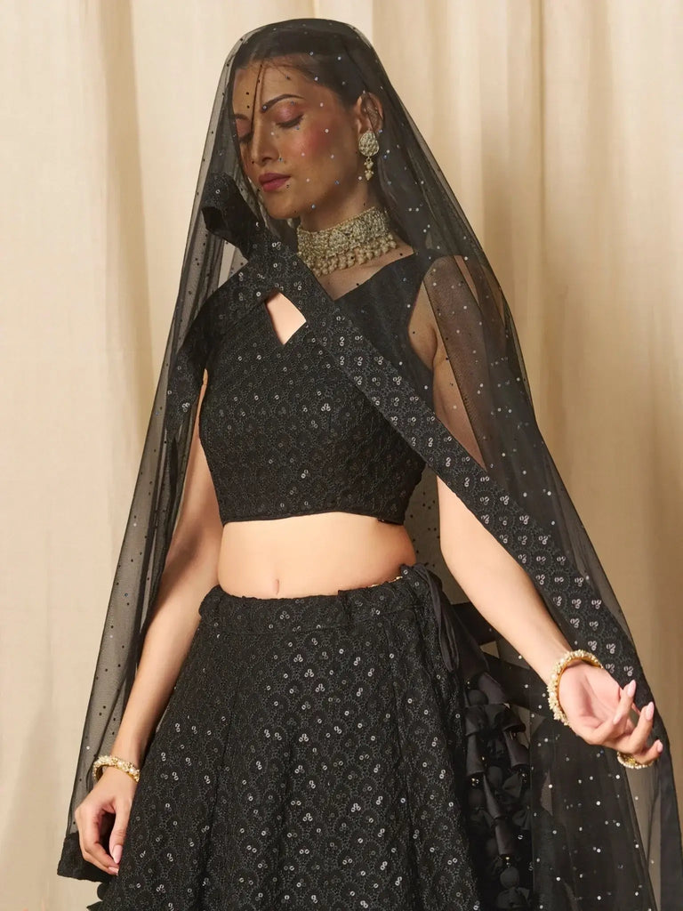 Captivating Black Thread Work Georgette Party Wear Lehenga Choli - Ethnic Plus In