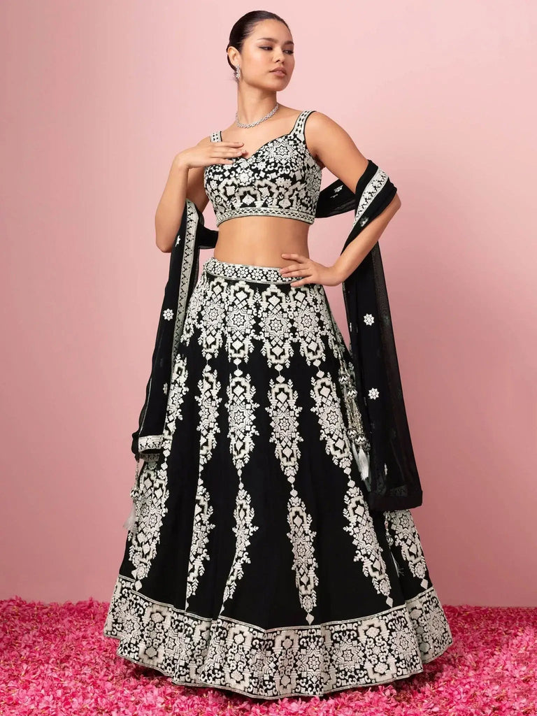 Captivating Black Thread Work Georgette Reception Wear Lehenga Choli - Ethnic Plus In