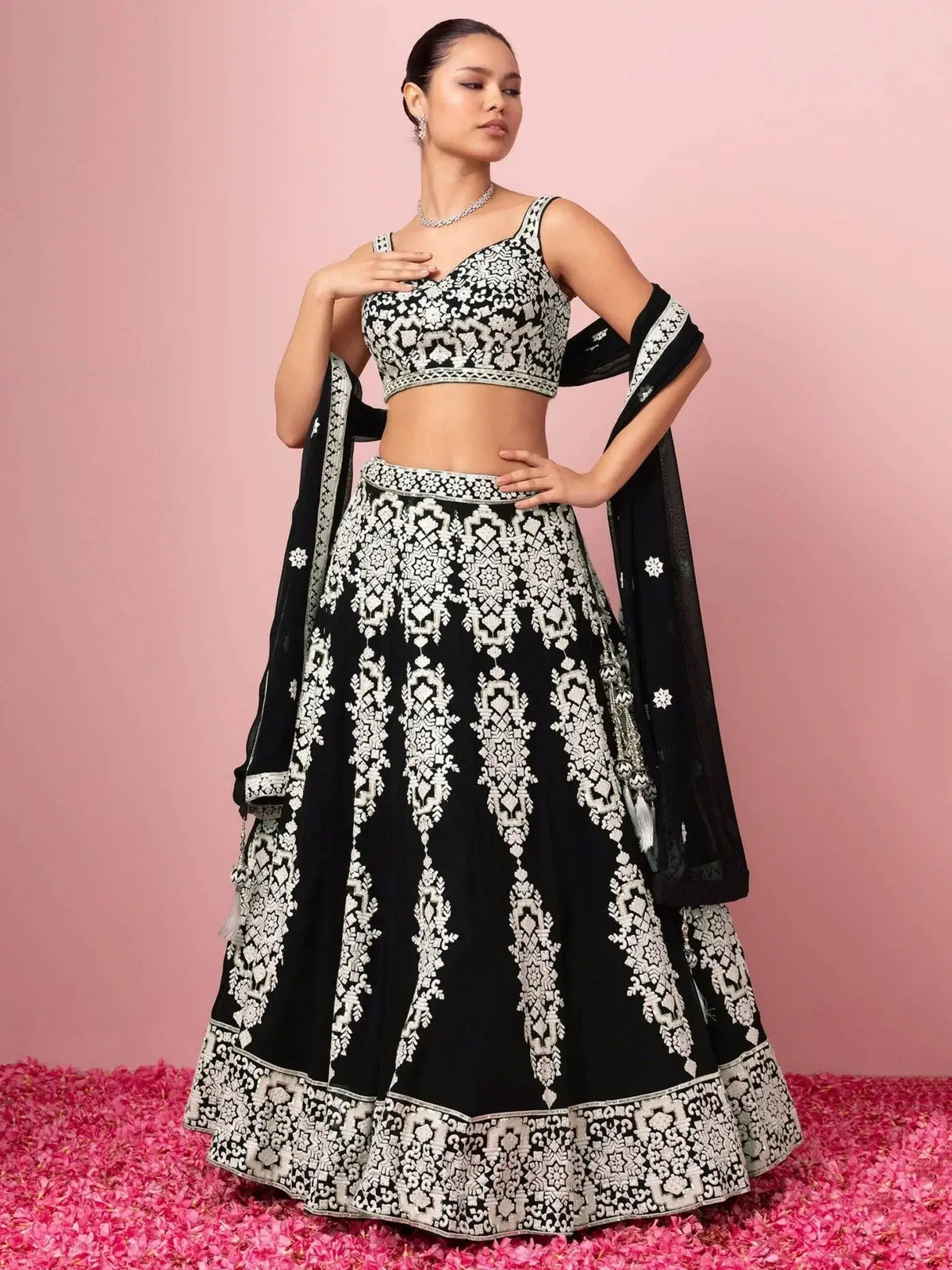 Captivating Black Thread Work Georgette Reception Wear Lehenga Choli - Ethnic Plus In