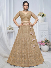 Captivating Brown Embroidered Net Lehenga Choli With Dupatta - Ethnic Plus In