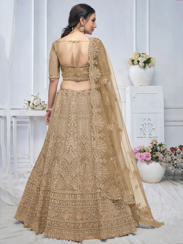 Captivating Brown Embroidered Net Lehenga Choli With Dupatta - Ethnic Plus In