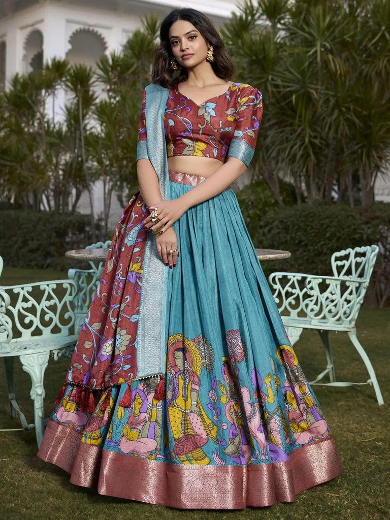 Captivating Firozi Blue Kalamkari Printed Dola Silk Lehenga Choli - Ethnic Plus In