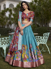 Captivating Firozi Blue Kalamkari Printed Dola Silk Lehenga Choli - Ethnic Plus In