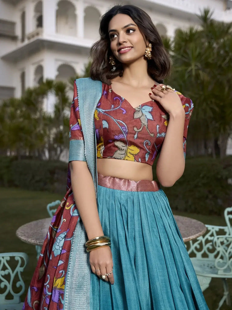 Captivating Firozi Blue Kalamkari Printed Dola Silk Lehenga Choli - Ethnic Plus In