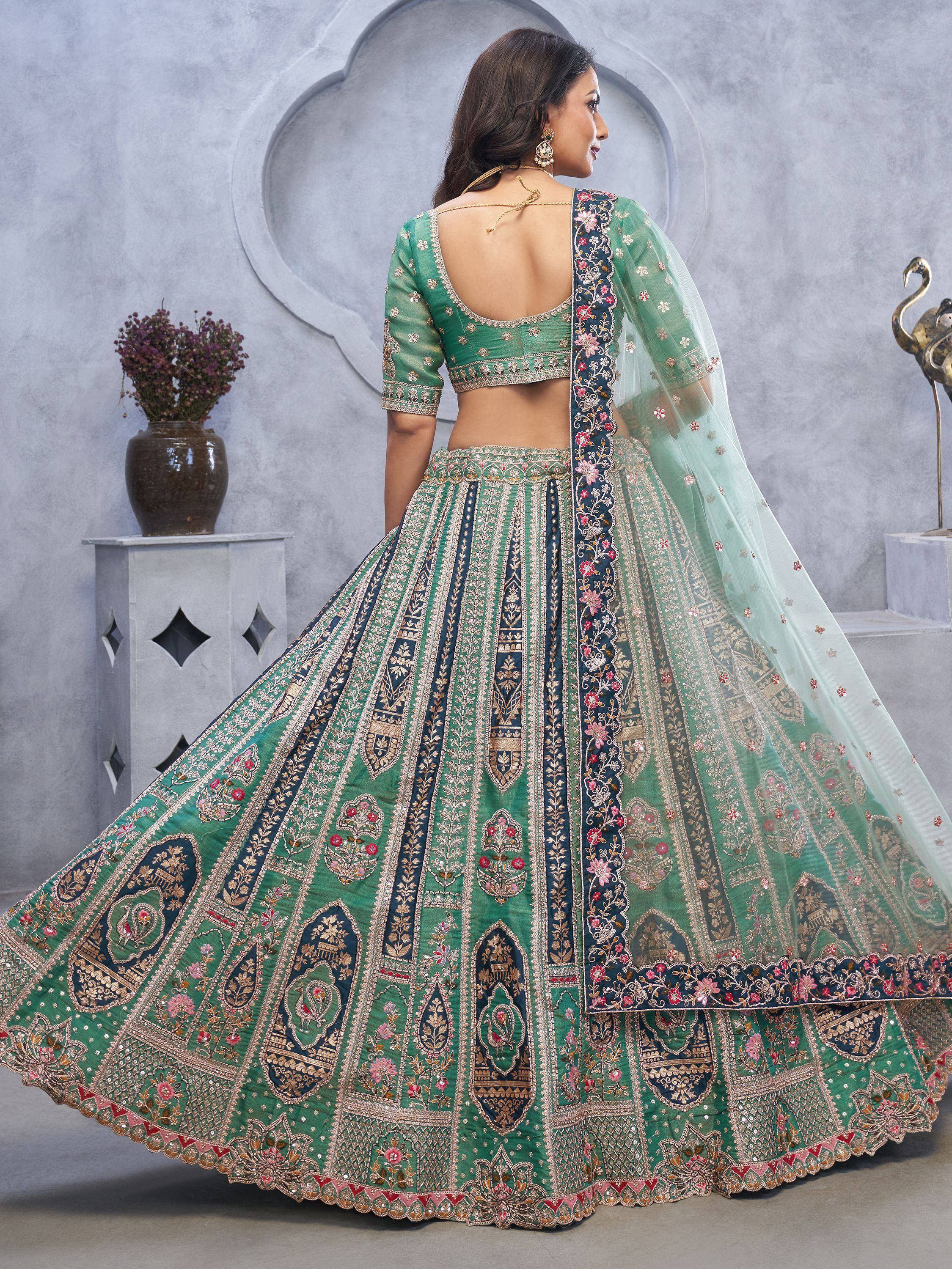Green and navy embroidered lehenga choli with floral dupatta, Indian ethnic wear for weddings