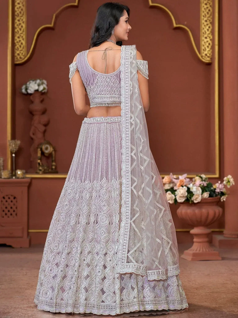 Captivating Lavender Jarkan Work Net Bridesmaid Lehenga Choli - Ethnic Plus In