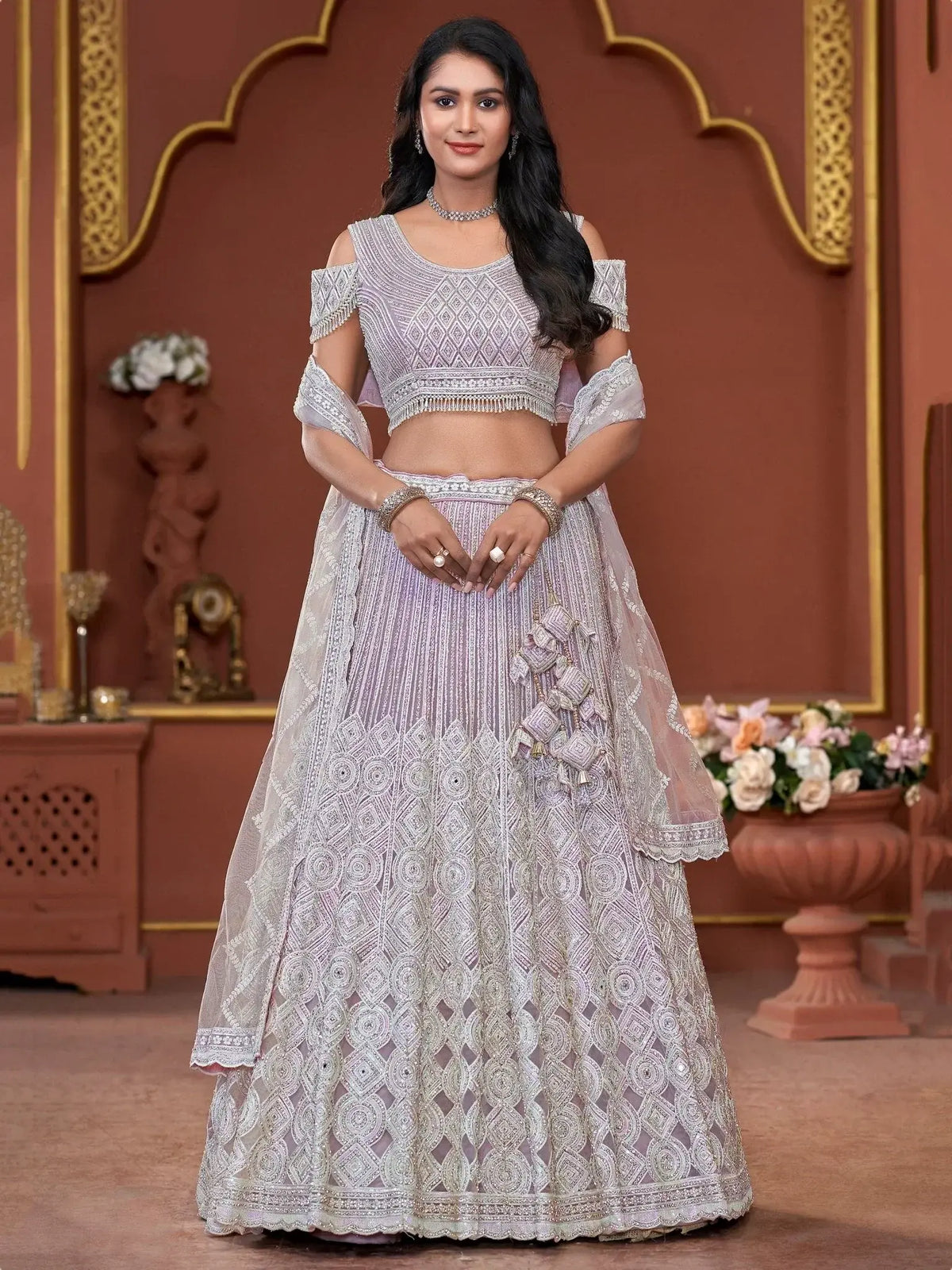Captivating Lavender Jarkan Work Net Bridesmaid Lehenga Choli - Ethnic Plus In