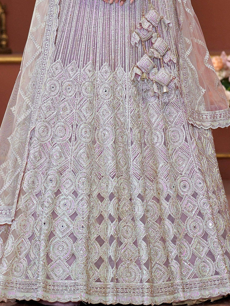 Captivating Lavender Jarkan Work Net Bridesmaid Lehenga Choli - Ethnic Plus In