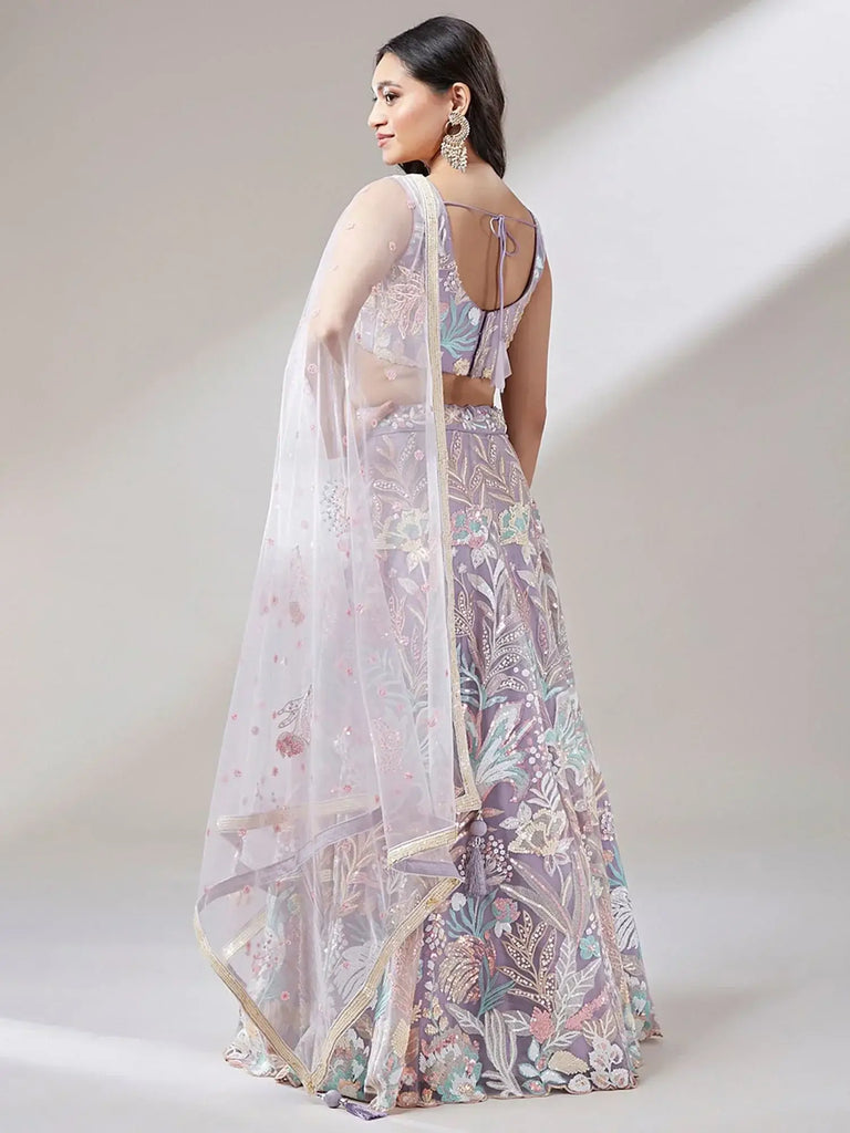 Captivating Lavender Sequins Soft Net Reception Wear Lehenga Choli - Ethnic Plus In