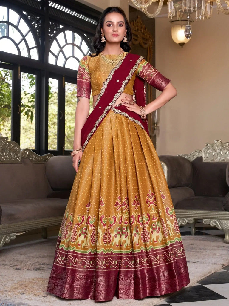 Captivating Mustard Yellow Silk Ikat Print Festive Wear Lehenga Choli - Ethnic Plus In
