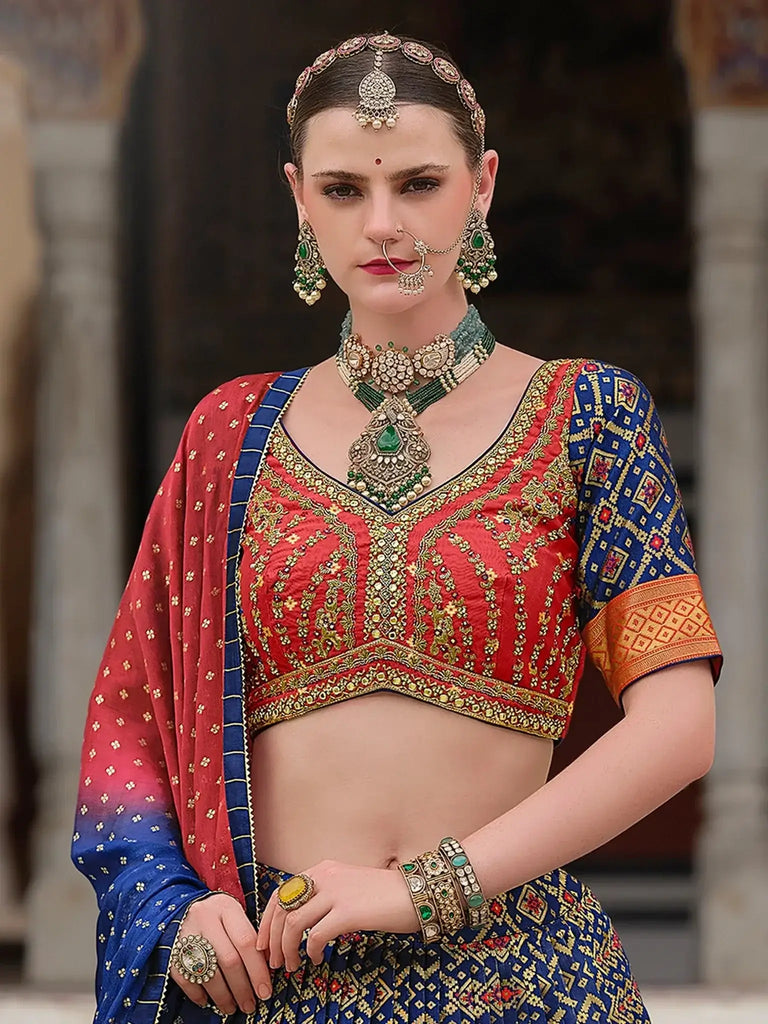 Captivating Navy Blue Zari Weaving Silk Wedding Wear Lehenga Choli - Ethnic Plus In