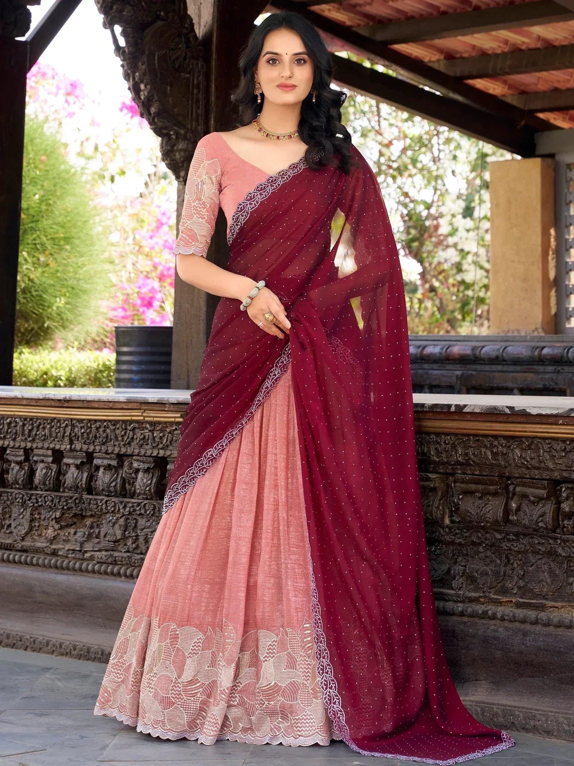 Maroon and pink designer saree with lace and embroidery, perfect for Indian ethnic wear occasions