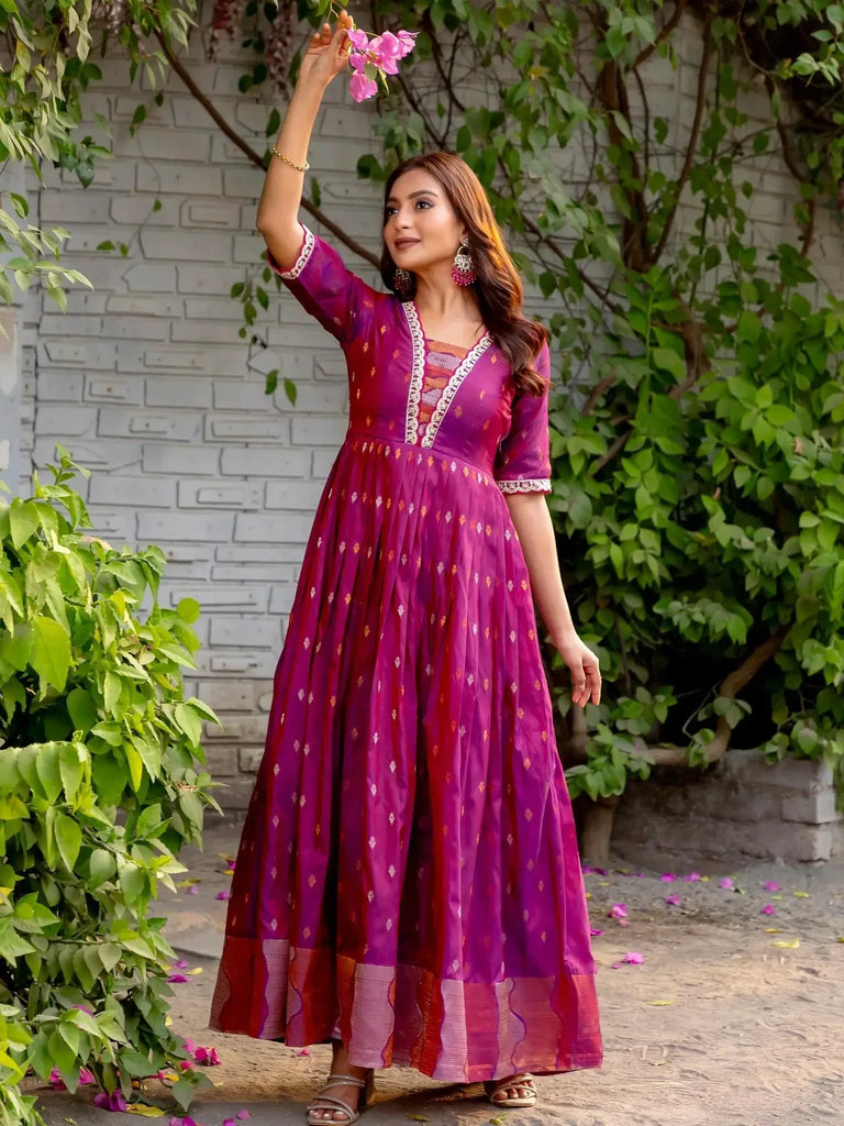 Captivating Pink Silk Zari Weaving Traditional Gown - Ethnic Plus In