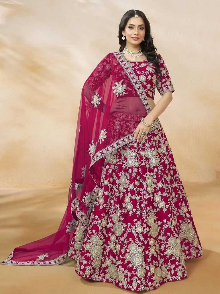 Captivating Rani Pink Embroidered Silk Engagement Wear Lehenga Choli - Ethnic Plus In