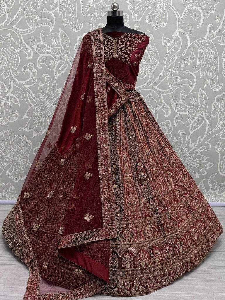 Captivating Red Embroidered Velvet Bridal Lehenga Choli With Double Dupatta - Ethnic Plus In